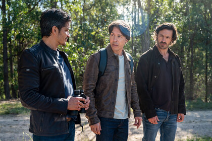 (l-r) Nicholas Gonzalez as Levi, Jon Seda as Dr. Sam, and Eoin Macken as Gavin in La Brea