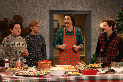 Bowen Yang Mikey Day Adam Driver and James Austin Johnson during a sketch on saturday night live episode 1851