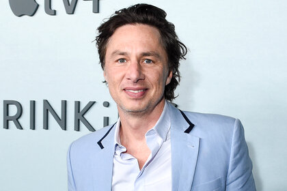 Zach Braff wears a blue suit on the red carpet for Shrinking