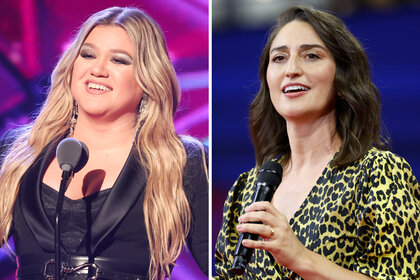 A split of Kelly Clarkson and Sara Bareilles performing