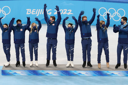 Team Usa during the medal ceremony for Ice Skating at the Beijing 2022 Winter Olympic Games