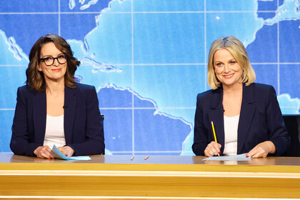 Tina Fey and Amy Poehler do the weekend update at the 75th Primetime Emmy Awards