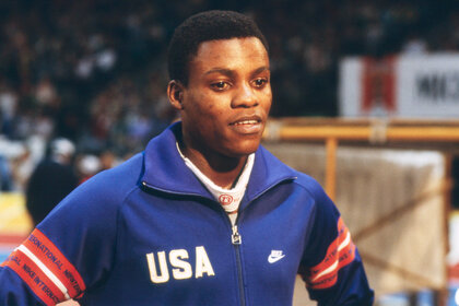 Carl Lewis during an interview at at the 18th Annual Michelob Invitational Track Meet in 1984