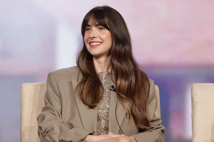 Alison Brie laughs during Peacock’s “Apples Never Fall” Panel in Pasadena, Calif. on February 14, 2024.