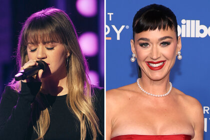 A split of Kelly Clarkson performing and Katy Perry