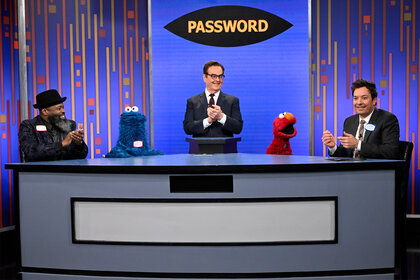 Elmo and Cookie Monster play password on The Tonight Show With Jimmy Fallon Episode 1937