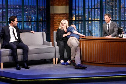 Paul Rudd Paula Pell and James Anderson on Late Night With Seth Meyers Episode 230