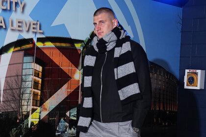 Nikola Jokic arrives to the arena before the game against the Los Angeles Lakers during Round 1 Game 1 of the 2024 NBA Playoffs
