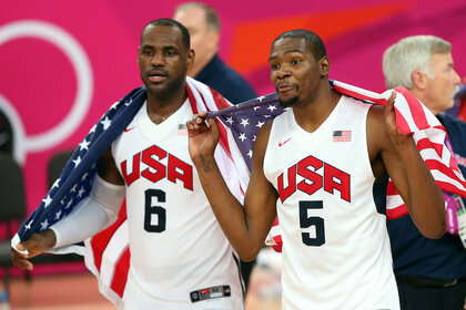 Lebron James and Kevin Durant celebrate winning the Men's Basketball gold medal game on Day 16 of the London 2012 Olympics