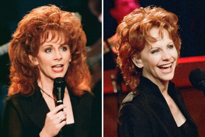 A split of Reba Mcentire performing on The Tonight Show With Jay Leno