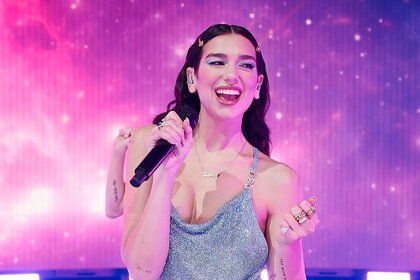 Dua Lipa performing onstage at the 2020 American Music Awards