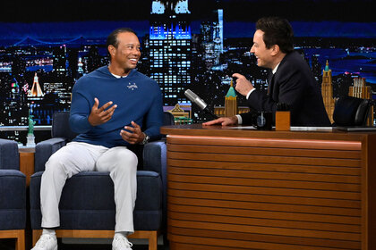 Tiger Woods being interviewed by host Jimmy Fallon on The Tonight Show Starring Jimmy Fallon Episode 1963
