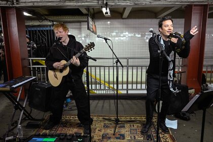 Ed Sheeran and Jimmy Fallon perform in the subway The Tonight Show Starting Jimmy Fallon Season 12, Episode 98