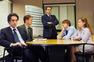 Ryan Howard, Dwight Schrute, Michael Scott, Jim Halpert, and Pam Beesly appear in a photo for The Office.
