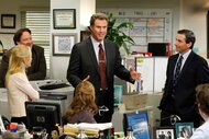 Angela Martin, Kevin Malone, Deangelo Vickers, Pam Beesly, and Michael Scott appear in a scene from The Office.