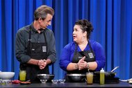 Ayesha Nurdjaja cooking on Late Night With Seth Meyers Episode 1431