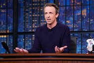 Seth Meyers sits at his desk on Late Night With Seth Meyers Episode 1434