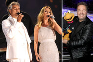 A split of Celine Dion and Andrea Bocelli performing together and Terry Fator with his puppet