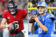 Baker Mayfield of the Tampa Bay Buccaneers and Jared Goff of the Detroit Lions