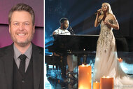 A split of Blake Shelton and John Legend performing with Carrie Underwood