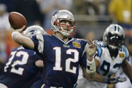 Tom Brady throws during Super Bowl XXXVIII