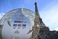 The Olympic Games countdown timer at the Eiffel Tower in Paris