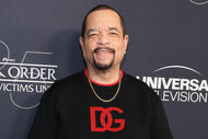 Ice T wears a black sweater with red writing on it at the Law & Order: Special Victims Unit Season 25 Anniversary
