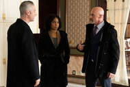 Sonny Carisi (Peter Scanavino), Ayanna Bell (Danielle Moné Truitt), and Elliot Stabler (Christopher Meloni) appear in Season 4 Episode 4 of Law & Order: Organized Crime