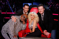 CeeLo Green, Adam Levine, Christina Aguilera, and Blake Shelton appear pose for a photo during the Season 5 finale of The Voice