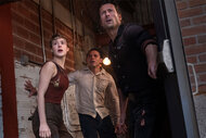 Kate (Daisy Edgar-Jones), Javi (Anthony Ramos), and Tyler (Glen Powell), in Twisters directed by Lee Isaac Chung.
