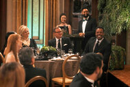 Lanna Telsoup (Caroline Rhea), Danny Walsh (Joel Murray), and Paul Pierce smile in Season 1 Episode 12 of Extended Family.