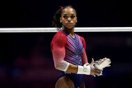 Shilese Jones of United States looks on during Women's All-Around Final on day six of the 2022 Gymnastics World Championships