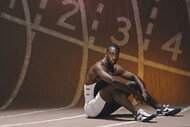 A portrait of Olympic and IAAF World Championship Gold medal winning 200 metres and 400 metres sprinter Michael Johnson