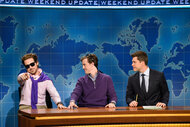 Ryan Gosling as Guy Who Just Joined SoHo House, Alex Moffat as A Guy Who Just Bought a Boat, Colin Jost during "Weekend Update" in studio 8H on September 30, 2017