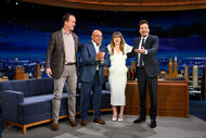 Peyton Manning Mike Tirico and Kelly Clarkson on The Tonight Show Starring Jimmy Fallon episode 1938