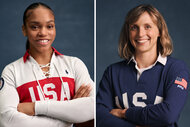 Shalise Jones and Katie Ladecky model the 2024 Olympics Opening Ceremony Uniforms