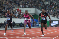 Akani Simbine Christian Coleman and Fred Kerley during the Men's 100m event during the IAAF Diamond League athletics meeting