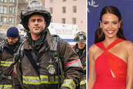 A split of a scene from Chicago Fire and actress Jocelyn Hudon