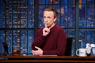 Seth Meyers does the shh sign on Late Night With Seth Meyers episode 1511