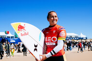 Carissa Moore smiles before surfing in Heat 3 of the Quarterfinals at the MEO Pro Portugal