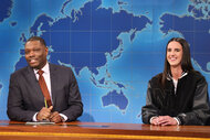 Michael Che and Caitlin Clark appear during Weekend Update on Saturday Night Live Episode 1861 on April 13, 2024.