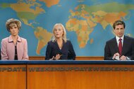 Kristen Wiig Amy Poehler and Seth Meyers during weekend update on saturday night live