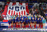 The US Women's National Team pose together after the SheBelieves Cup final football match
