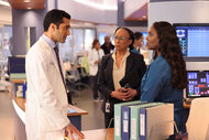 Dr. Crockett Marcel (Dominic Rains), Sharon Goodwin, and Maggie Lockwood appear in Chicago Med Season 9 Episode 12.