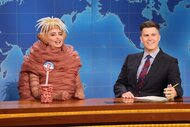 Sarah Sherman and Colin Jost during the weekend update on Saturday Night Live Episode 1863