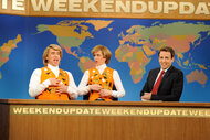 Fred Armisen, Kristen Wiig, Seth Meyers during the Garth and Kat skit during Saturday Night Live's Weekend Update