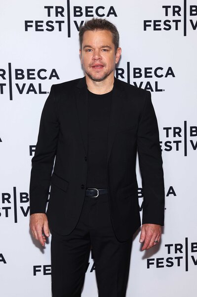 Matt Damon attends the Tribeca Festival wearing a black suit.