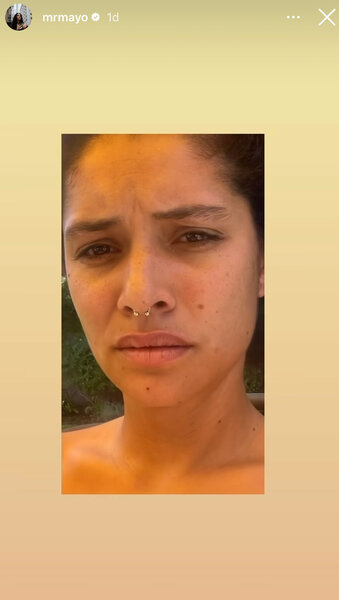 Snapshot of Miranda Rae Mayo's instagram story that features a closeup of her face