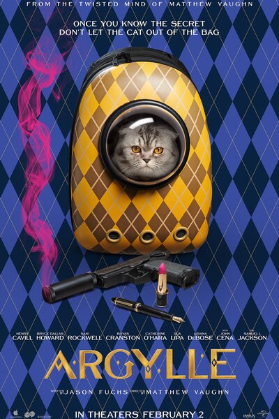 A cat looks out of a cat backpack for The Movie Poster for Argylle