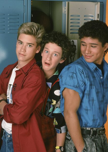 Zack Morris, Screech Powers, and A.C. Slater appear side by side in front of a blue locker during Saved By The Bell.